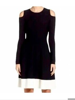 Eliza J Black Dress with White Hem and Cold-Shoulder Long Sleeves